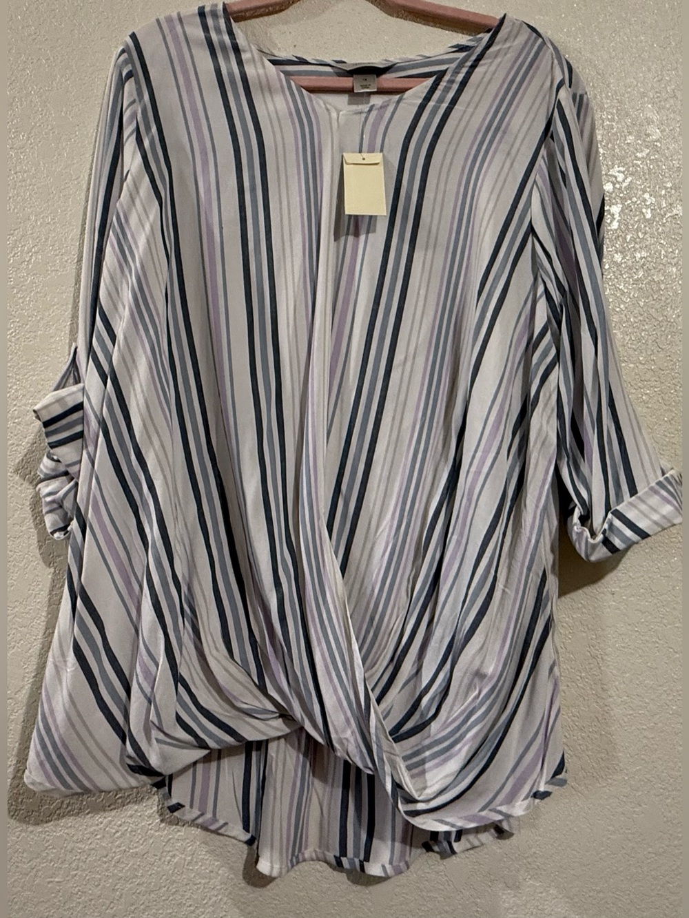 CJ Banks Striped Twist-Front Tunic in White, Navy & Lavender